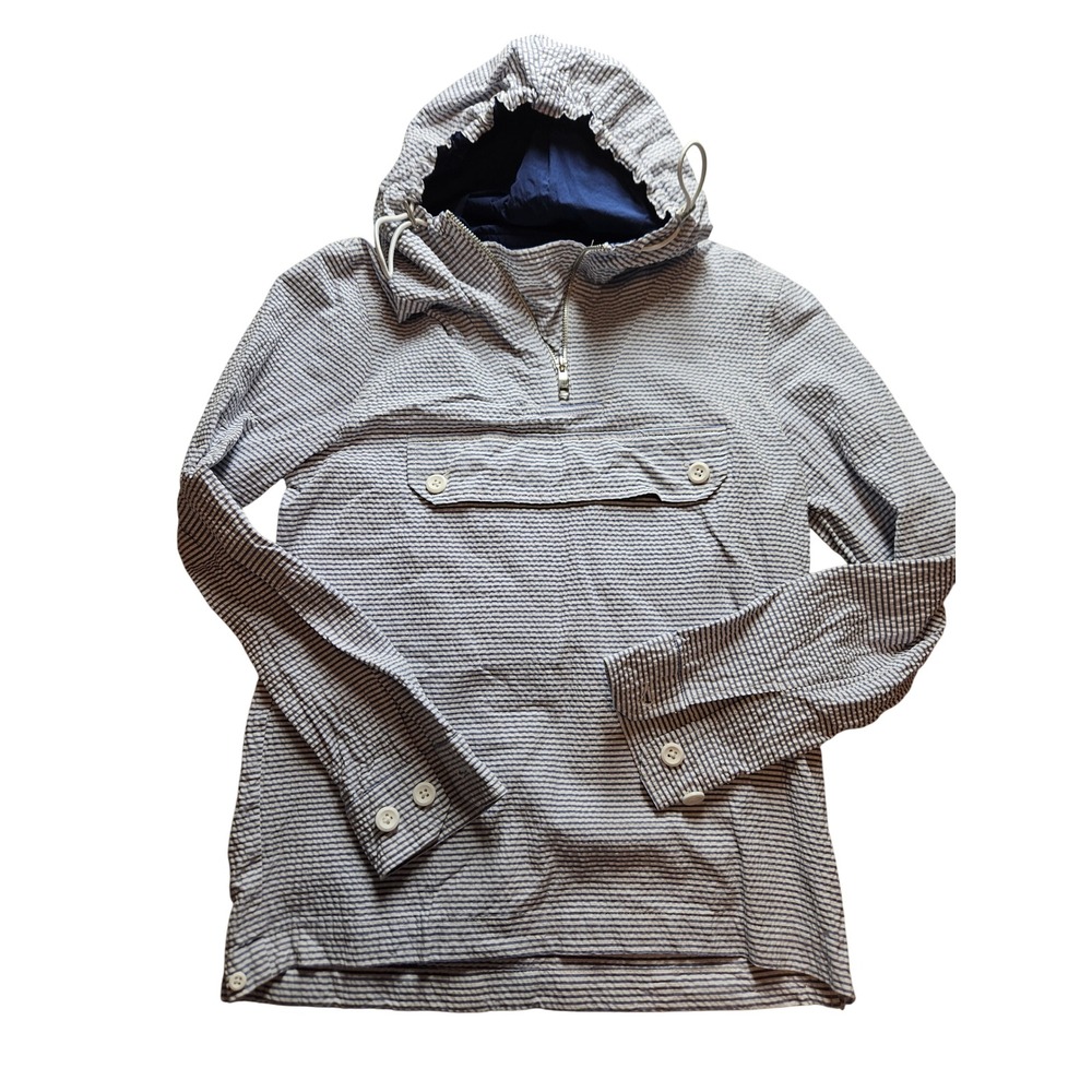 Mens Seersucker Zara Windbreaker Quarter Zip Striped Hooded Jacket Blue White